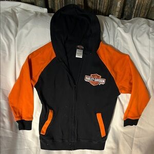 Harley Davidson boys size 6 l.s. Orange& black zippered hoodie. 2 pockets